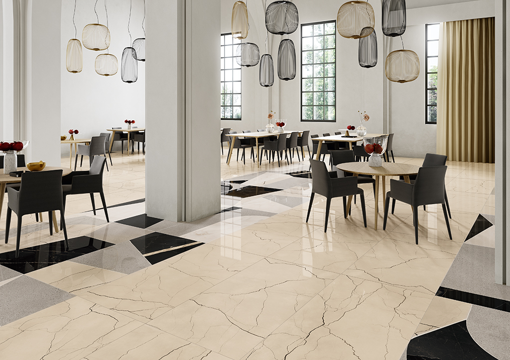 Ceramica-Fioranese_Sound-of-Marbles_Beige-Antico-74x148-Lev_FioMood-Nero-74x148-Lev_1